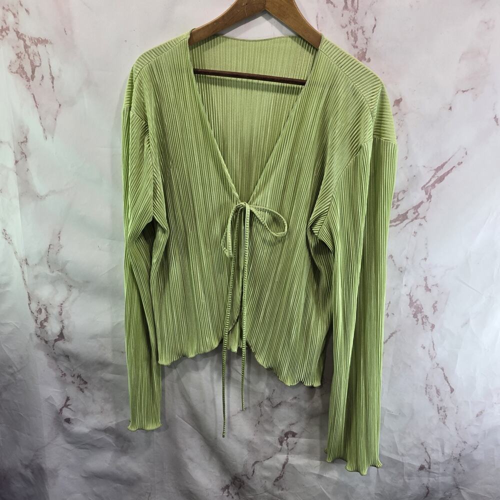 Commense Cardigan Womens Medium Green Cover Topper Wrap Ribbed Tie Lettuce Hem
